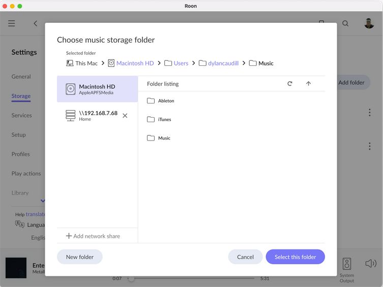 roon watchedfolders musik storage folder auswaehlen