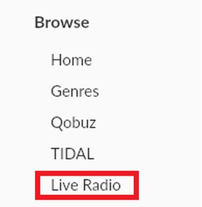 roon live radio nagivationsmenue